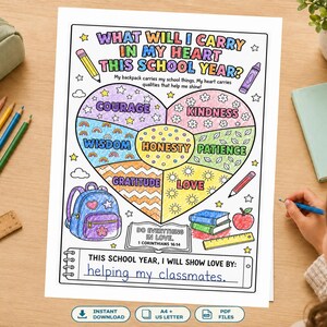 Christian Back to School Coloring Page Heart Values Worksheet Bible Verse Coloring for Kids Sunday School Homeschool Activity Printable PDFs