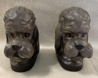 Norleans Japan Poodle Dog Head Vintage MCM Set Book Ends 5.5" Tall Brown Black