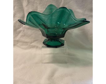 Precioso cuenco de cristal verde oscuro intenso con base, estilo vintage - 15 cm de alto y ancho, 25 cm de largo