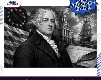 Peut inclure: Une illustration numérique en noir et blanc représentant un portrait de John Adams, un drapeau américain à treize étoiles, un bâtiment historique, un voilier et un document intitulé Massachusetts Constitution avec une plume posée dessus.