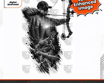 May include: A black and white digital illustration featuring an archer aiming a compound bow, integrated with a forest scene containing a leaping deer, pine trees, and a sunburst. Text includes instant digital download, Laser Enhanced Image, and 2 PNG Files included.