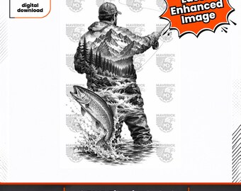 Peut inclure: Une illustration numérique en noir et blanc d'une personne à la pêche à la mouche dans une rivière. Les vêtements présentent une double exposition de montagnes et de forêt de pins. Une truite saute hors de l'eau. Texte : Instant digital download, Laser Enhanced Image, 2 PNG Files included.