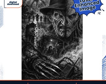 Peut inclure: Une illustration numérique en noir et blanc montrant une figure balafrée avec un chapeau, une créature araignée, des enfants à vélo, une horloge et une main griffue. Texte : instant digital download, Laser Enhanced Image, 2 PNG Files included, Master Image & Laser Enhanced Image, Personal and Hobby use, 318 DPI.