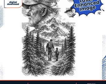 Peut inclure: Une illustration numérique en noir et blanc montrant le profil d'une personne âgée portant une casquette, superposée à un paysage de montagne. En bas, une personne et un enfant marchent sur un sentier forestier. Le texte inclut instant digital download.