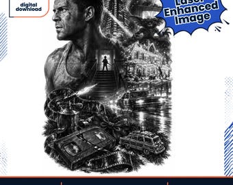May include: A black and white digital illustration featuring a man in a tank top, a film reel, a VHS tape, a police car, a house decorated for Christmas, and a creature. Text includes instant digital download, Laser Enhanced Image, and 318 DPI.