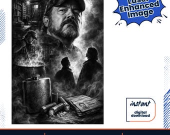 Peut inclure: Une illustration numérique en noir et blanc représentant un homme barbu portant une casquette, une personne remuant une grande marmite, deux silhouettes debout, une flasque en métal avec un pentagramme, des cartouches et une carte d'identité.