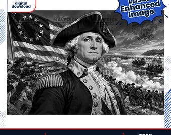 Peut inclure: Une illustration numérique en noir et blanc représentant George Washington en uniforme militaire et chapeau tricorne, devant un drapeau américain à treize étoiles. La scène montre des soldats et des bateaux sur une rivière en arrière-plan.