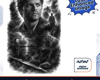 Peut inclure: Une illustration numérique en noir et blanc montrant le portrait d'un homme, une silhouette, une cabine téléphonique sous l'orage, une dague et des bottes. Le texte Laser Enhanced Image, instant digital download et 318 DPI est présent.