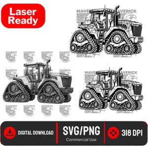 May include: A digital graphic set featuring three black and white illustrations of a tracked tractor. The designs include detailed mechanical elements, a cabin, and a vertical exhaust pipe. The image includes text reading Laser Ready, Digital Download, SVG/PNG, and 318 DPI.