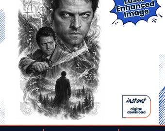 Peut inclure: Une illustration numérique en noir et blanc montrant un homme au regard intense, un homme tenant une lame et une silhouette en long manteau devant une forêt. L'image contient le texte Laser Enhanced Image et instant digital download.