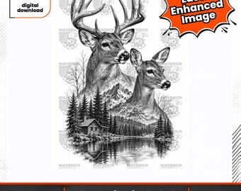 Peut inclure: Une illustration numérique en noir et blanc représentant un cerf et une biche au-dessus d'un paysage de montagne avec un chalet, des pins et un lac. L'image comporte des textes tels que instant digital download et laser enhanced image.