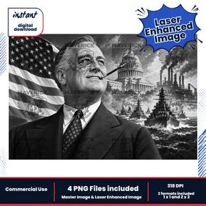 May include: A black and white digital illustration featuring a portrait of Franklin D. Roosevelt wearing a suit and tie with a cigarette holder. The background displays an American flag, the United States Capitol building, and naval warships.