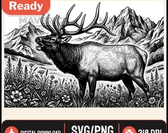 Peut inclure: Une illustration numérique en noir et blanc représentant un élan aux grands bois dans un champ de fleurs sauvages avec des montagnes en arrière-plan. L'image contient le texte Laser Ready, Digital Download, SVG/PNG et 318 DPI.