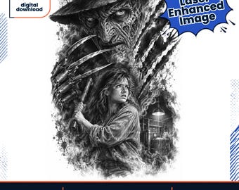 Peut inclure: Une illustration numérique en noir et blanc montrant un personnage balafré portant un chapeau et un gant à lames au-dessus d'une personne tenant un tuyau. Le texte inclut instant digital download, Laser Enhanced Image et 2 PNG Files included.