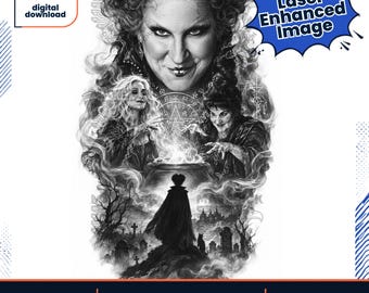 Peut inclure: Une illustration numérique en noir et blanc représentant trois femmes aux cheveux volumineux autour d'un chaudron fumant, avec la silhouette d'une personne dans un cimetière. Le texte inclut "instant digital download" et "Laser Enhanced Image".
