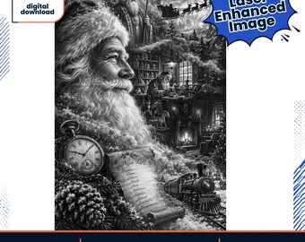 Peut inclure: Un téléchargement numérique en noir et blanc représentant un grand portrait du Père Noël, une montre de poche, un parchemin intitulé Nice List, un train à vapeur, un atelier avec un personnage et une silhouette de traîneau avec des rennes.