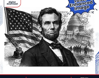 Peut inclure: Une illustration numérique en noir et blanc représentant Abraham Lincoln en costume et nœud papillon, devant le drapeau américain, le Capitole des États-Unis et une ligne de soldats. Un encrier avec une plume repose sur un document.