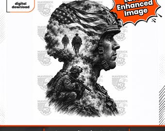 Peut inclure: Un graphique numérique en noir et blanc représentant un soldat de profil portant un casque drapé d'un drapeau américain. Le design inclut des silhouettes de soldats dans un fond texturé et enfumé avec le texte Laser Enhanced Image.