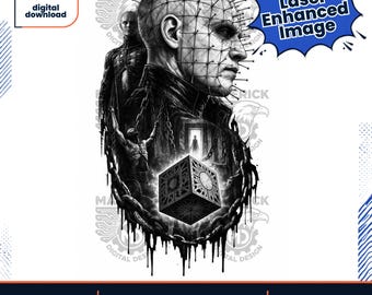 Peut inclure: Un design graphique numérique représentant le profil d'un personnage avec des épingles dans la tête, une boîte à puzzle et des chaînes. Le texte inclut "instant digital download", "Laser Enhanced Image", "2 PNG Files included" et "Personal and Hobby use".