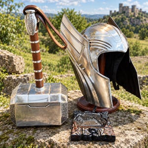 May include: A silver-coloured metal hammer with a brown leather-wrapped handle and a leather strap, positioned next to a polished silver-coloured metal helmet featuring prominent side wings and a dark interior lining, resting on a dark textured base.