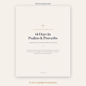 May include: A cream-colored document titled 14 Days in Psalms & Proverbs, A Lamplight Reading Plan. It features a gold star icon, dark text, and a description of a guided journey through wisdom and worship, including a quote from Psalm 119:105.