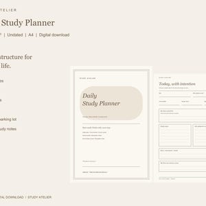 Könnte beinhalten: Eine digitale Tagesplaner-Vorlage für das Studium im A4-Format mit einem beigen und weißen Farbschema. Das Layout enthält Abschnitte für tägliche Prioritäten, Zeitblöcke, Fokuszyklen, aktives Erinnern, Notizen und eine Ablage für Ablenkungen.