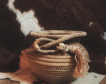 Lariat Basket with Tassel Detail, Handcrafted Storage