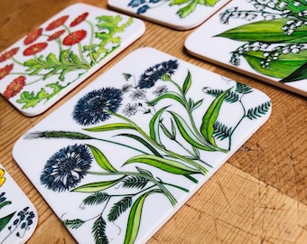 Vintage botanical coaster set, Mod barware accessory, Vera Neumann STYLE 70s flower power melamine coasters set of 6 Lillian Vernon Italy