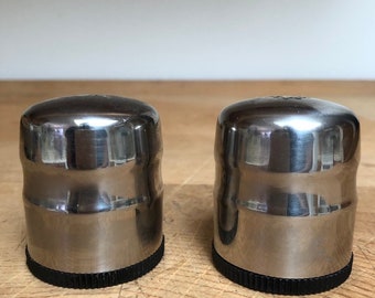 Vintage stainless salt and pepper shakers, mod mini Mid Century silver salt and pepper serving set