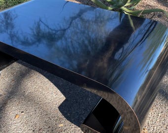 Vintage waterfall coffee table black lacquer laminate 80s Ello Style mod Karl Springer STYLE scroll table on caster wheels READ DETAILS