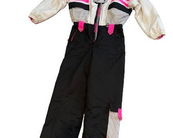 Vintage ski suit mod color block Tyrolia by Head 70s mod snowsuit white back fuschia stripe snowboard snowmobile skiing gear