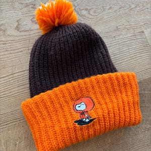 May include: A knitted beanie in brown and orange with a large orange pom-pom. The orange brim features an embroidered cartoon character. This winter hat is a cozy accessory.
