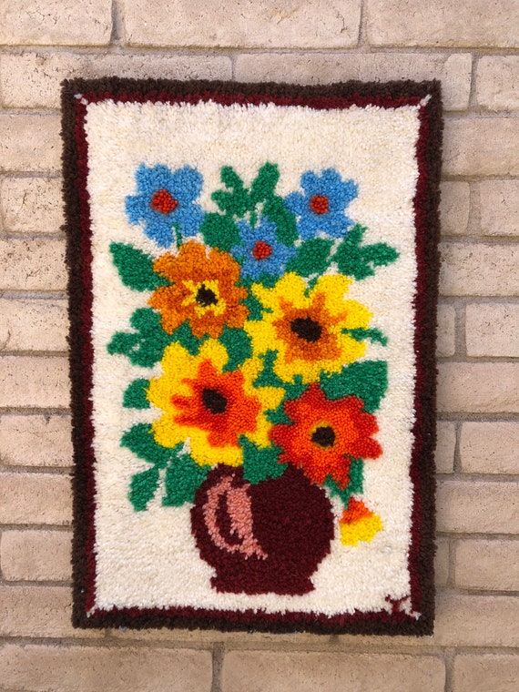 Vintage Flower Power Latch Hook Wall Hanging, Hippie Rainbow