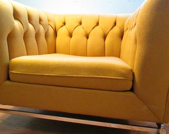Vintage mod lounge chair, Stow Davis tufted wool chrome office chair, deep mustard MCM seating, Milo Baughman STYLE executive chair READ