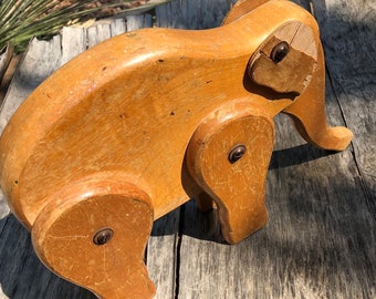 Vintage wooden toy elephant, handmade wooden elephant art object movable parts pretend play kids toy, Baby's room decor sculpture SEE PHOTOS