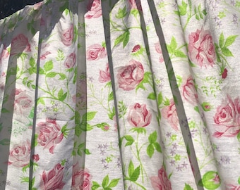 Vintage sheer Rose Curtains floral pink red green Rosebud ruffle edge curtain pair shabby cottage pink rose sheer curtains NOS