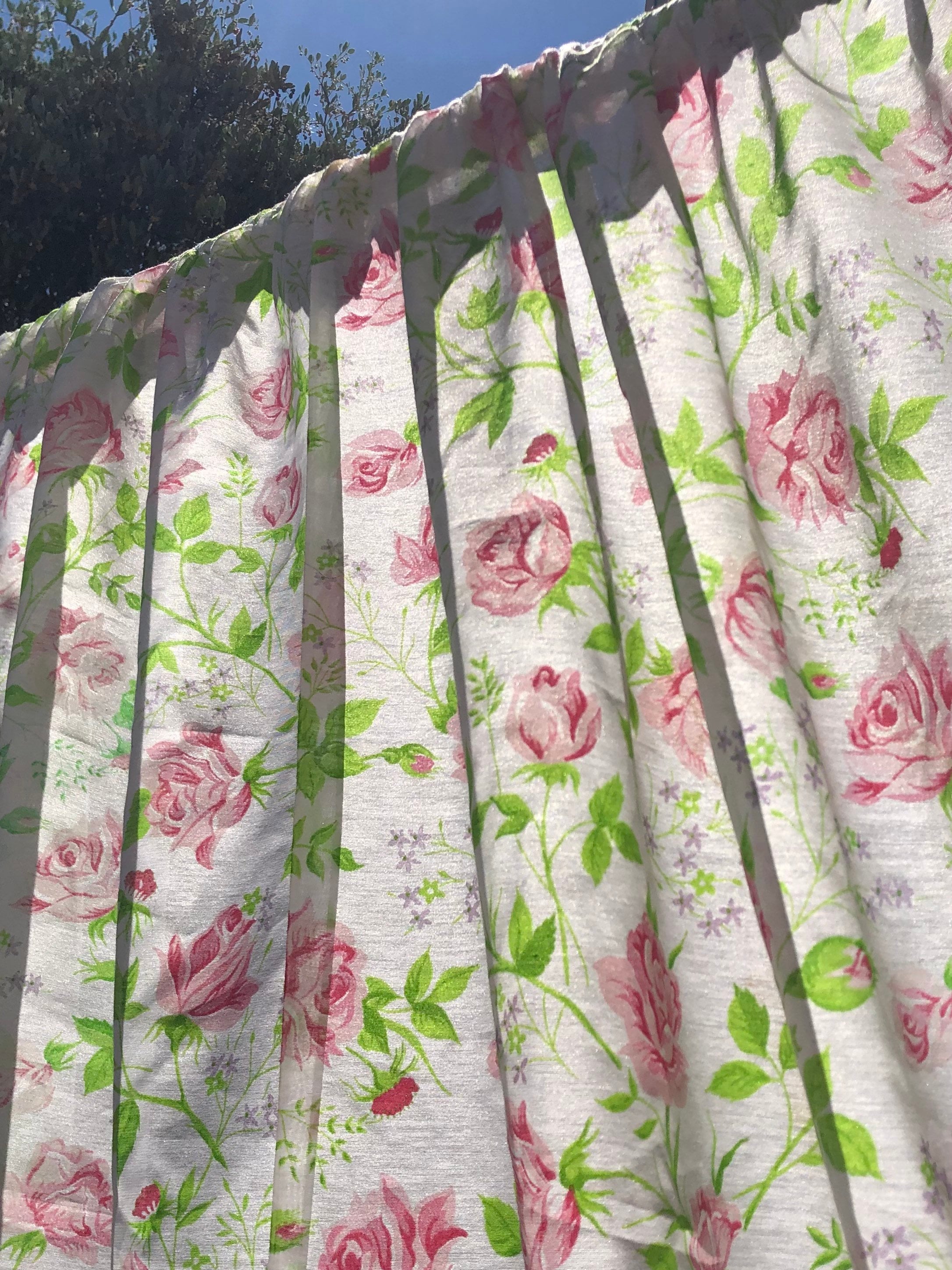 Vintage Sheer Rose Curtains Floral Pink Red Green Rosebud Ruffle Edge