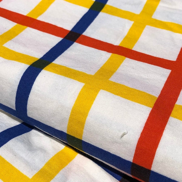 Vintage Marimekko curtain 70s cotton grid stripe long curtain graphic plaid shower curtain mod fabric panel red blue yellow plaid NOS