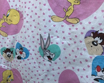 Vintage Tweety Bird Sylvester Bugs Bunny Tasmanian Devil flat sheet Looney Tunes bedding 90s cartoon fabric curtain NOS