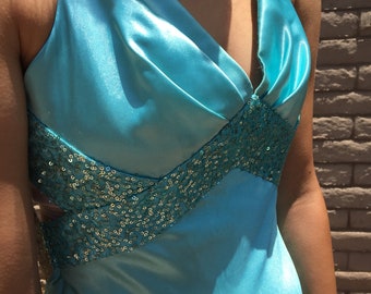Vintage Jessica McClintock gown,  80s blue silky sequin Gunne Sax formal gown, blue sequin prom maxi dress