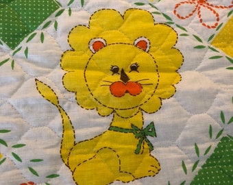 Vintage patchwork baby blanket, quilted crib baby blanket bedding, green polka dot nursery decor lion dog animal flower tapestry quilt