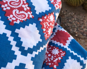 Vintage patchwork Sheet Set, paisley gingham red white blue ric rak Full Sheet Set, hippie mod bedding, 70s sheet fabric READ DETAILS