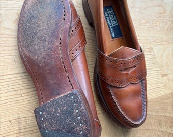Vtg Polo Ralph Lauren Mens Brown Leather Lug Sole Penny Loafers 90s Moc Toe Polo Ralph Lauren penny-strap Leather Loafers | Brown | FARFETCH main image 4