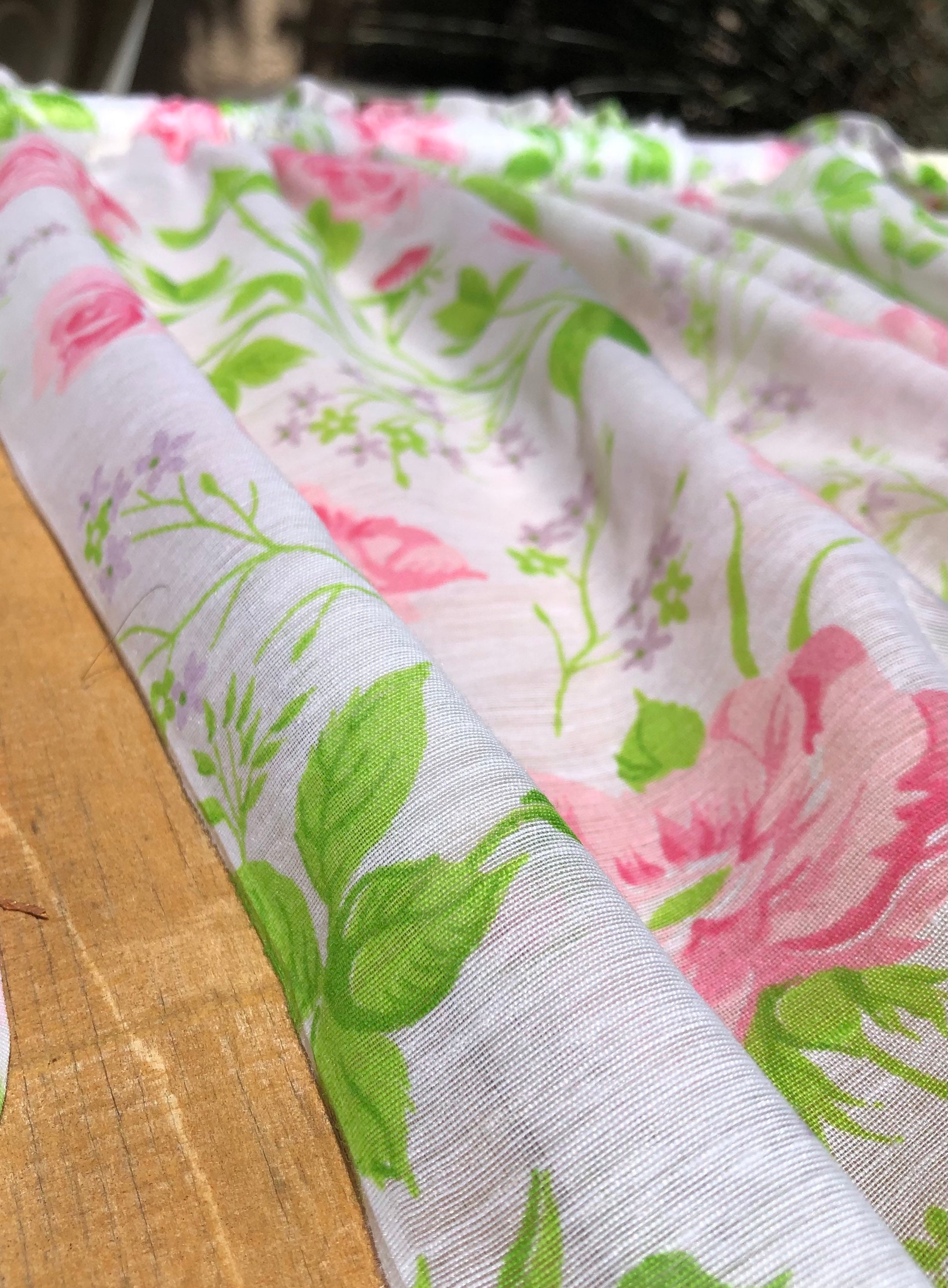 Vintage Sheer Rose Curtains Floral Pink Red Green Rosebud Ruffle Edge