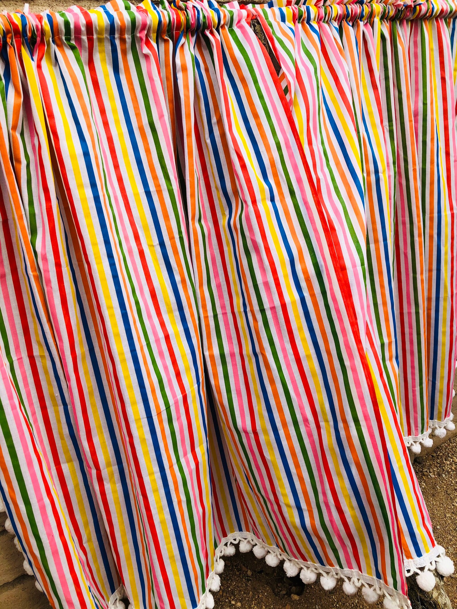 Vintage Rainbow Stripe Curtains Pom Pom Ball Kids Curtain - Etsy