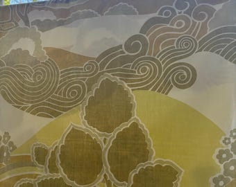 Vintage psychedelic mod swirly floral landscape sheet, graphic flower power swirly abstract meadow, pop art sheet Paysage pattern Wamsutta