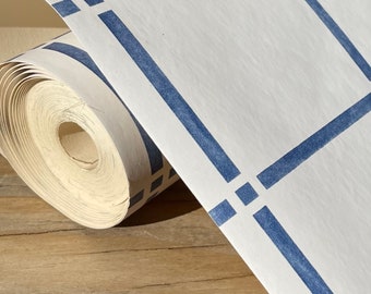 Vintage grid stripe wallpaper, Marimekko STYLE blue plaid graphic wallpaper, navy and white modern stripe wallpaper room decor NOS