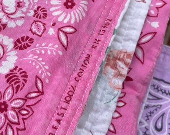 Vintage patchwork bandana coverlet blanket reversible floral rose pink purple bandana homemade quilted  cotton camping cabin blanket NOS