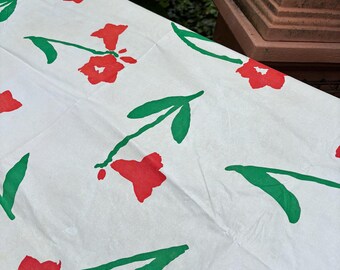 Vintage mod floral Picnic Tablecloth,Marimekko STYLE vinyl tablecloth,square Patio table cover, vibrant abstract red flowers green stem READ