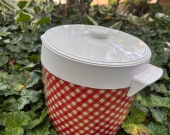 Vintage Ice bucket, red white gingham Thermo Serv melamine Ice Bucket, 70s mod barware picnic ware serving accessory